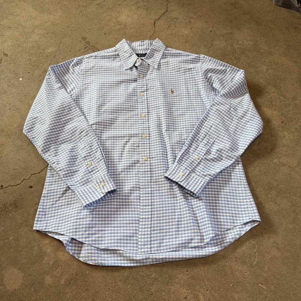 Ralph Lauren Button Down Shirt Mens XL Blue Gingham Plaid Cotton Flesh Pony LS